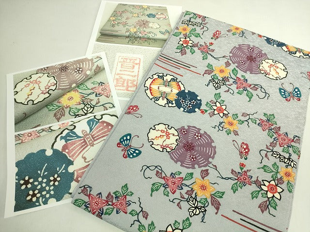 平和屋本店●極上 本場琉球紅型 平野晋二郎 九寸名古屋帯 雪輪花鳥文 淡藤色地 参考資料付き 逸品 DZAB6406kh6