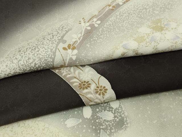 平和屋着物▽訪問着 単衣 雪芝草花文 暈し染め 黒地 正絹 逸品 DABF8883sf