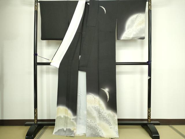 平和屋着物▽訪問着 単衣 雪芝草花文 暈し染め 黒地 正絹 逸品 DABF8883sf