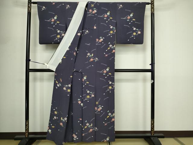 平和屋着物▽上質な小紋 単衣 舞花文 鬼しぼ縮緬 正絹 逸品 DABF8896sf