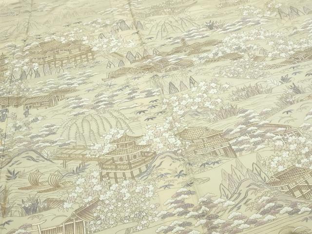 平和屋着物▽中国三大刺繍 汕頭刺繍 スワトウ刺繍 訪問着 単衣 風景文 正絹 逸品 DABF8887sf