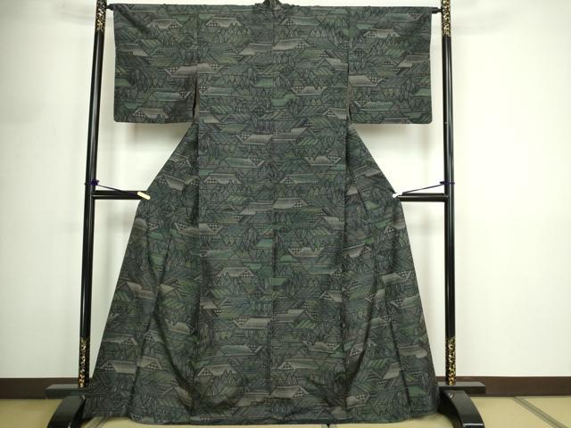 平和屋着物▽上質な紬 単衣 風景文 黒地 正絹 逸品 DABF8901sf