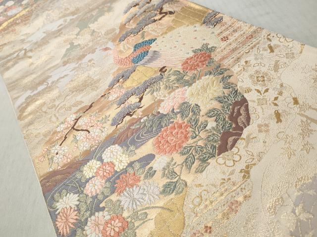 平和屋着物◎六通柄袋帯 唐織 孔雀流水草花文 金糸 正絹 逸品 CABH8420qe