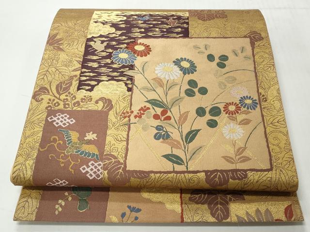 平和屋着物◎六通柄袋帯 色紙花唐草文 金糸 正絹 逸品 CABH8443qe