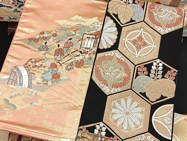平和屋着物■袋帯 西陣 まとめて100点 向かい鶴 尾長鳥 人物 風景 更紗 松竹梅 花柄 七宝 正倉院 金銀糸 など 未使用品有 全て正絹 mmm1130