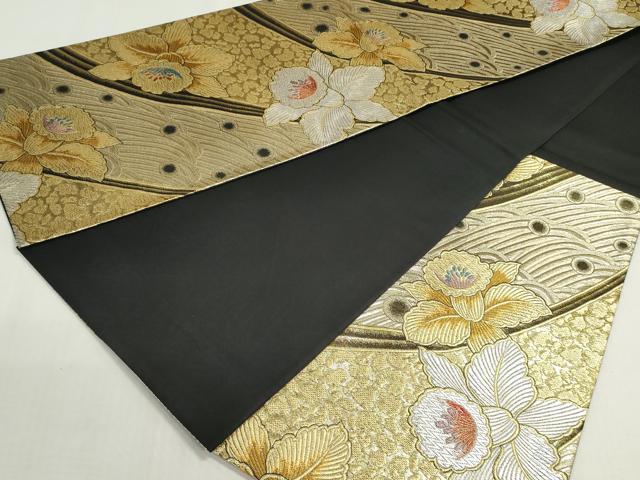 平和屋着物◎六通柄袋帯 草花文 黒地 金銀糸 正絹 逸品 DABF8410we