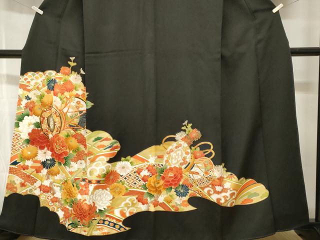 平和屋着物■豪華黒留袖 駒刺繍 吉祥鼓草花文 正絹 逸品 CABH0663ev