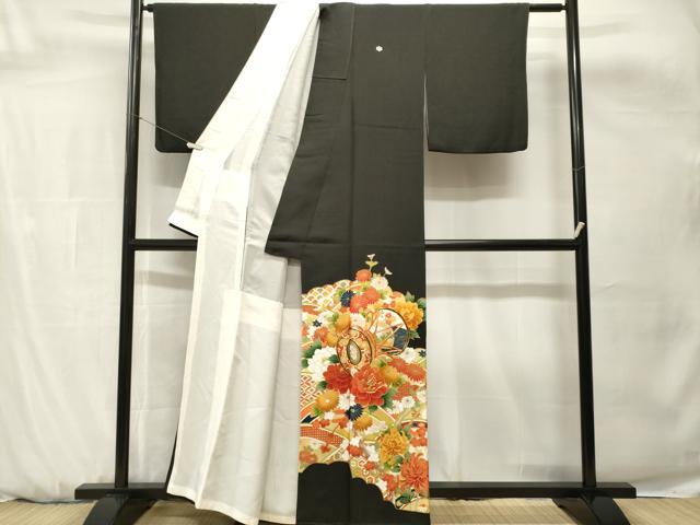 平和屋着物■豪華黒留袖 駒刺繍 吉祥鼓草花文 正絹 逸品 CABH0663ev