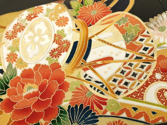 平和屋着物■豪華黒留袖 駒刺繍 吉祥鼓草花文 正絹 逸品 CABH0663ev