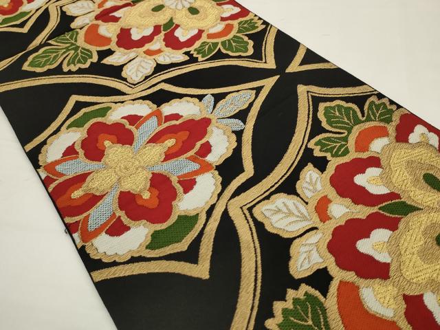 平和屋着物◎六通柄 本袋帯 唐織 草花文 黒地 金糸 正絹 逸品 AABJ4882pf
