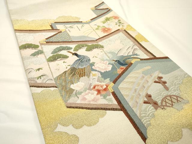 平和屋着物●爪掻き本綴れ 太鼓柄袋帯 屏風孔雀花松文 金銀糸 正絹 逸品 DABF2983fe