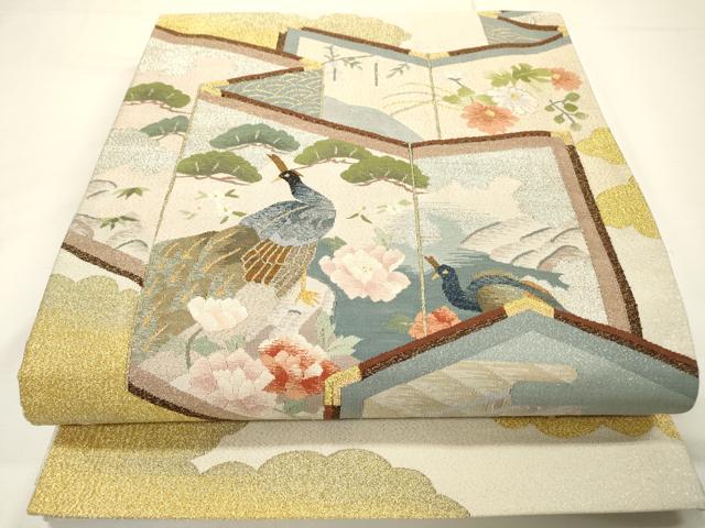 平和屋着物●爪掻き本綴れ 太鼓柄袋帯 屏風孔雀花松文 金銀糸 正絹 逸品 DABF2983fe