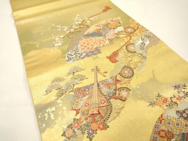 平和屋本店●太鼓柄袋帯 唐織 道長扇面花鳥絵文 本金箔 金泥箔 正絹 逸品 未使用 DABG5078fe