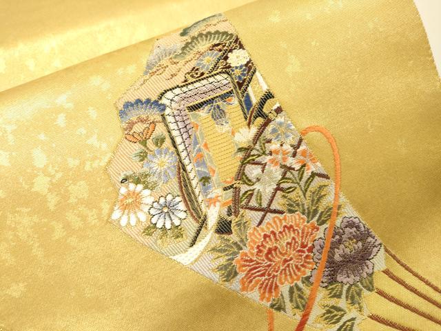 平和屋本店●太鼓柄袋帯 唐織 寿扇絵文 本金箔 金泥箔 正絹 逸品 DABG5079fe