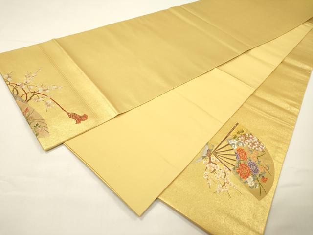 平和屋本店●太鼓柄袋帯 唐織 道長扇面花鳥絵文 本金箔 金泥箔 正絹 逸品 未使用 DABG5078fe