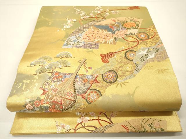 平和屋本店●太鼓柄袋帯 唐織 道長扇面花鳥絵文 本金箔 金泥箔 正絹 逸品 未使用 DABG5078fe