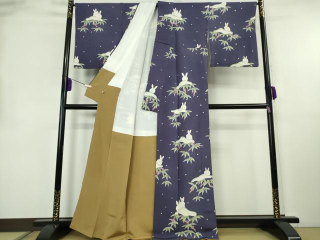 平和屋本店●極上 人形作家・ホリヒロシ 付下げ 雪兎 南天 紺藍色地 鬼しぼ縮緬 逸品 DZAB2447kh6