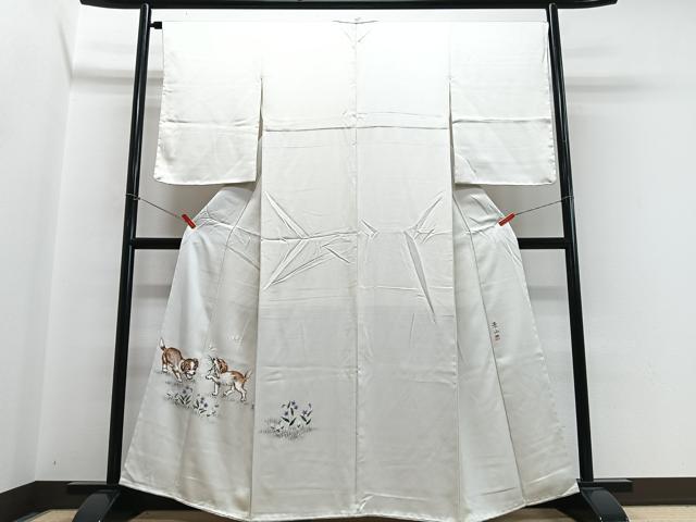 平和屋着物●訪問着 作家物 手描き 犬 舞蝶花文 正絹 逸品 CABH4169xe