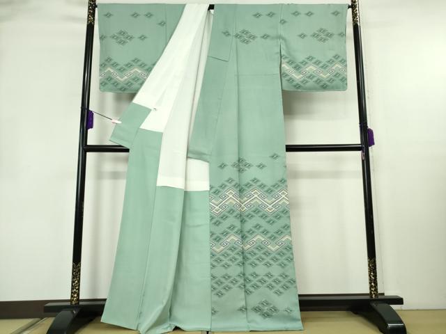 平和屋本店●超希少 人間国宝 鈴田滋人 木版摺更紗 訪問着 吉祥文 青竹色地 逸品 DZAB2435kh6