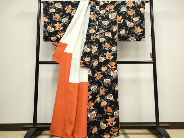 平和屋着物■上質な小紋 草花文 黒地 正絹 逸品 CABH1041ou