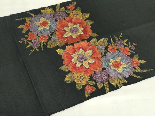 平和屋着物◎八寸名古屋帯 紬地 草花文 黒地 正絹 逸品 DABF0374ea