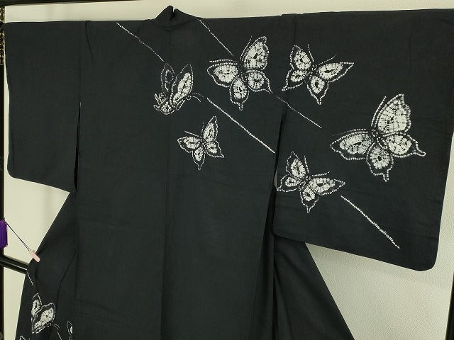 平和屋着物∴極上 夏物 浴衣 有松鳴海絞り 舞蝶文 黒地 綿 逸品 DZAB7481kh6