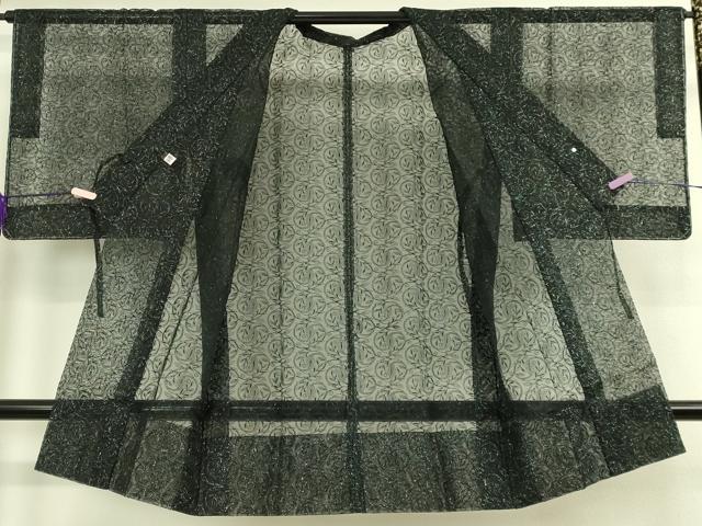 平和屋着物∞極上 道中着 オーガンジー スリーシーズン 春夏秋 塵除け ロング丈 唐草文 黒地 銀糸 逸品 未使用 DZAB7517kh6