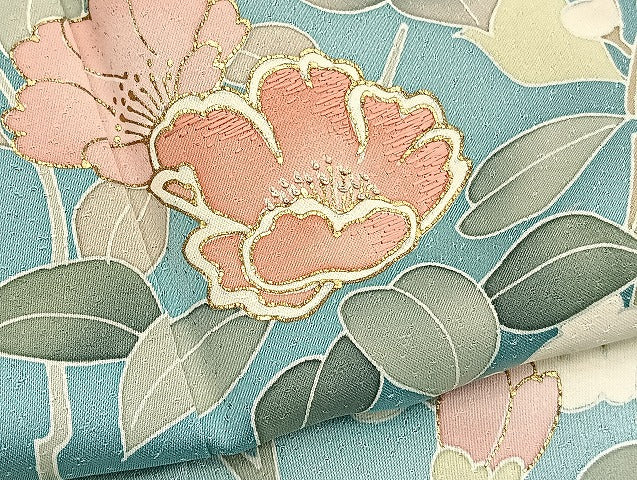 平和屋着物●訪問着 刺繍 利久織 先練緞子 椿 暈し染め 金彩 反端付き 正絹 逸品 BAAX2807hv