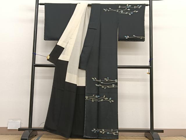 平和屋着物■訪問着 枝葉文 黒地 正絹 逸品 BAAX2797hv