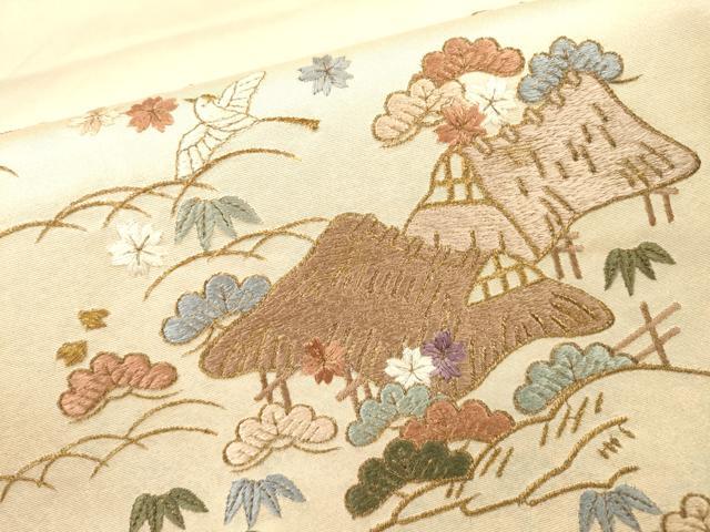 平和屋着物▼太鼓柄袋帯 総刺繍 風景飛鳥花文 金糸 正絹 逸品 DABG5279fe
