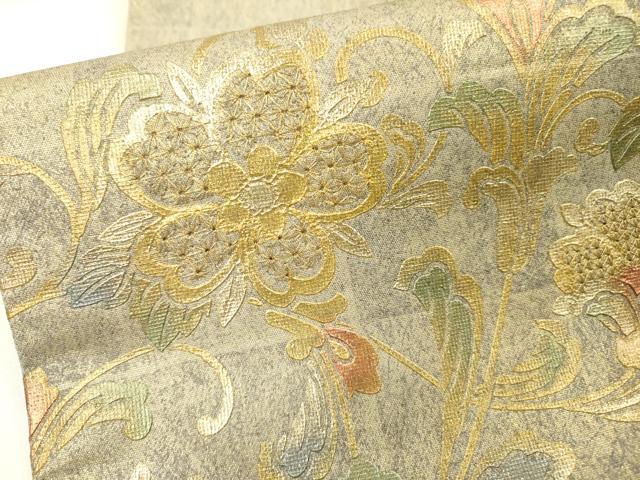 平和屋着物▼中国三大刺繍 スワトウ刺繍 汕頭刺繍 太鼓柄袋帯 更紗花唐草文 金彩 正絹 逸品 DABG5304fe