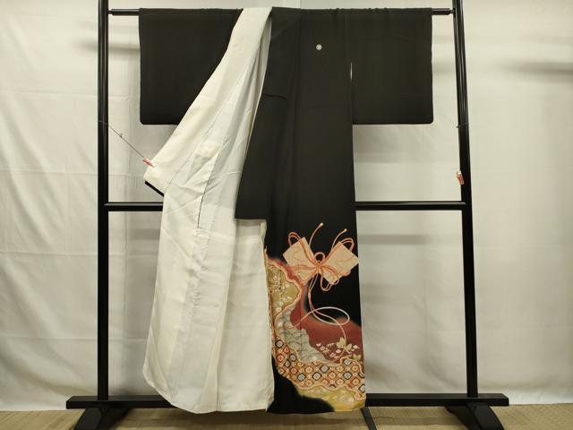 平和屋着物■豪華黒留袖 刺繍 束ね熨斗道長花文 暈し染め 金彩 正絹 逸品 DABG7665ya