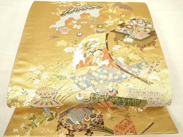 平和屋着物▼六通柄袋帯 瑞祥錦 建都千二百年 金糸 正絹 逸品 DABG0514az