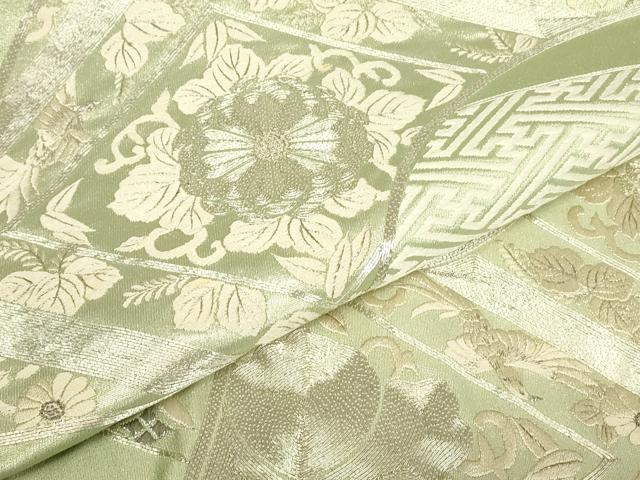 平和屋着物▼太鼓柄袋帯 駒刺繍 総刺繍 地紙吉祥花鳥文 銀糸 正絹 逸品 DABG0566az