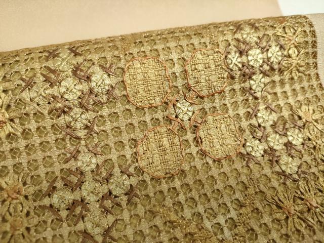 平和屋着物▼太鼓柄袋帯 ドロンワーク 花菱文 金彩 銀通し地 正絹 逸品 DABF7999ps