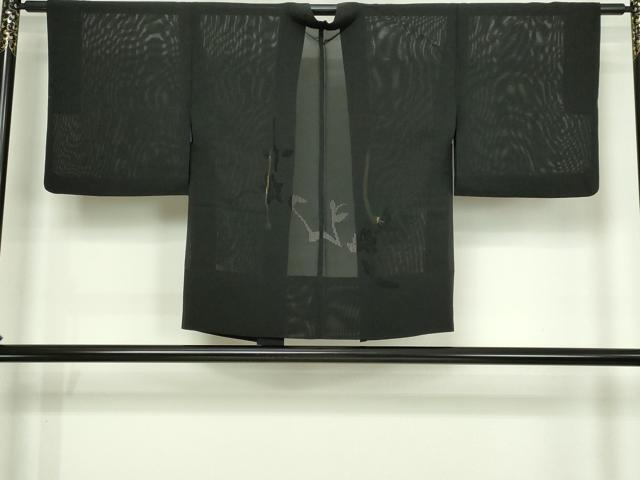 平和屋着物▽羽織 スリーシーズン 春夏秋 塵除け 草花文 黒地 正絹 逸品 DABG9635sf