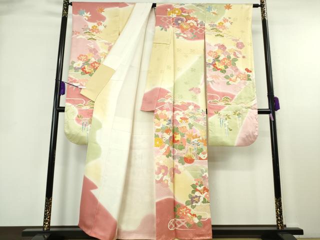 平和屋本店●極上 創業460年・千總 振袖・長襦袢(無双仕立て・半衿刺繍)セット 駒刺繍 御所車花文 金彩 逸品 DZAB8509kh6
