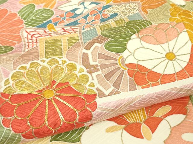 平和屋本店●極上 創業460年・千總 振袖・長襦袢(無双仕立て・半衿刺繍)セット 駒刺繍 御所車花文 金彩 逸品 DZAB8509kh6