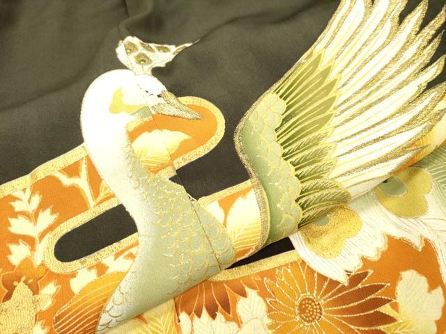 平和屋着物▼豪華黒留袖 刺繍 孔雀花文 金銀彩 正絹 逸品 DABG5320fe