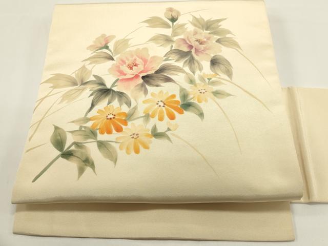 平和屋着物◎九寸名古屋帯 手描き 草花文 正絹 逸品 DABH1539cd