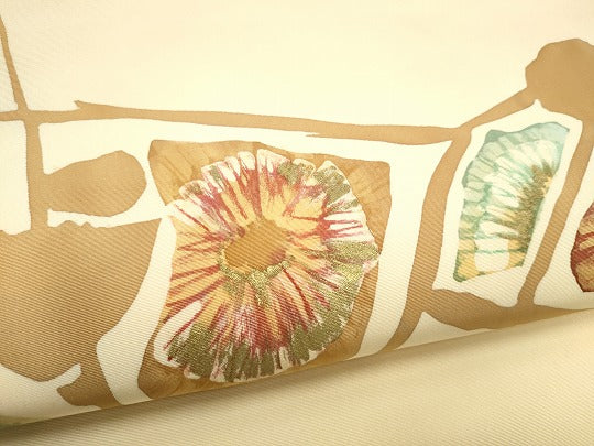 平和屋着物●塩瀬 九寸名古屋帯 ろうけつ染 舞花文 金彩 正絹 逸品 CABI0196hy