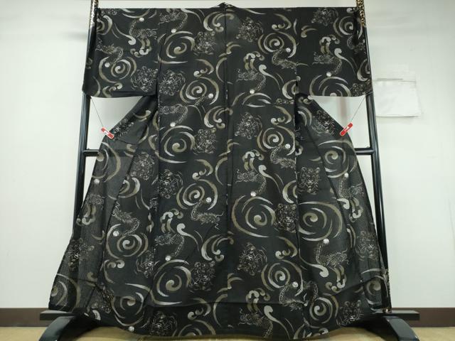 平和屋着物∴夏物 男性 浴衣 虎 龍 立波文 キングサイズ 黒地 綿 逸品 CABH1559ng