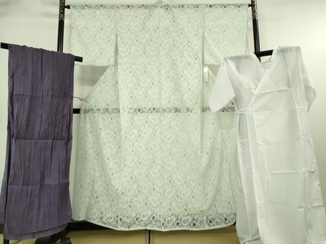 平和屋着物∴極上 夏物 浴衣・小紋兼用 肌襦袢・兵児帯(深紫色)3点セット レース 花唐草文 スカイグリーン色 逸品 新品 DZAB10557kh6