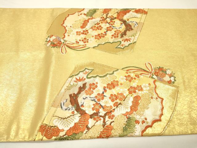 平和屋着物▼太鼓柄袋帯 駒刺繍 総刺繍 扇面花松文 金銀糸 正絹 逸品 DABG5555fe