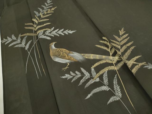平和屋着物*夏物 訪問着 絽 手描き 尾長鳥枝葉文 金銀彩 正絹 逸品 CABH7859ze