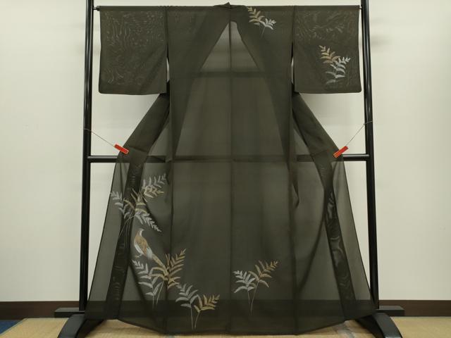 平和屋着物*夏物 訪問着 絽 手描き 尾長鳥枝葉文 金銀彩 正絹 逸品 CABH7859ze