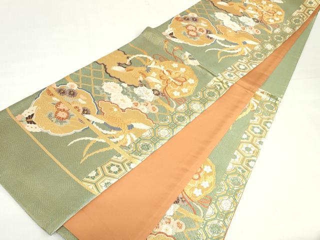 平和屋着物◎西陣 六通柄袋帯 唐織 鳳凰鏡裏花蝶文 金糸 正絹 逸品 DABG6382xg