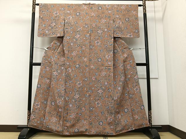 平和屋着物■上質な小紋 更紗花唐草文 鬼しぼ縮緬 正絹 逸品 CABI9228ua