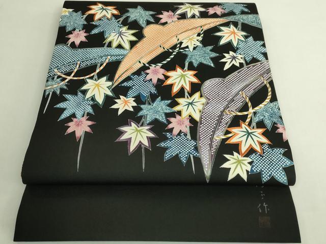 平和屋本店●極上 東京友禅 熊谷好博子 塩瀬 九寸開き名古屋帯 刺繍 笠 楓 黒地 逸品 DZAB7769kh6