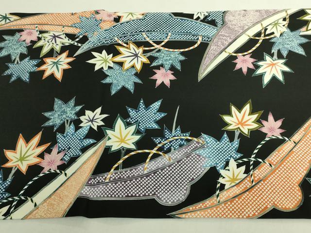 平和屋本店●極上 東京友禅 熊谷好博子 塩瀬 九寸開き名古屋帯 刺繍 笠 楓 黒地 逸品 DZAB7769kh6